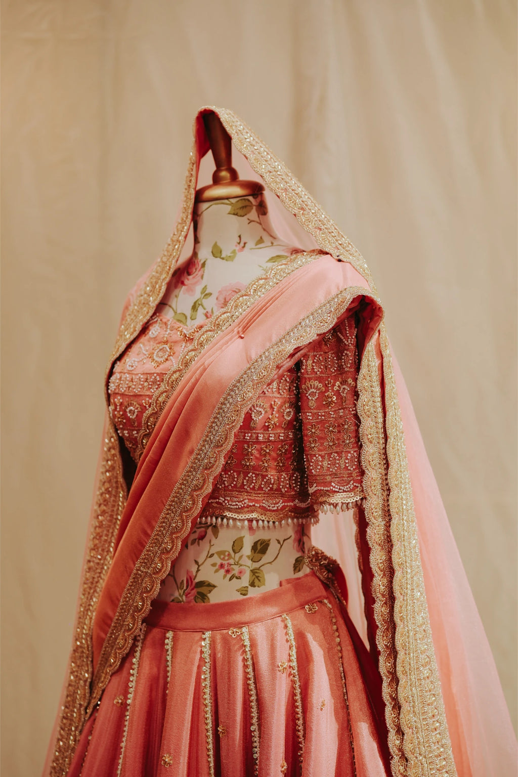 Peach Pink Tissue Silk Bridal Lehenga