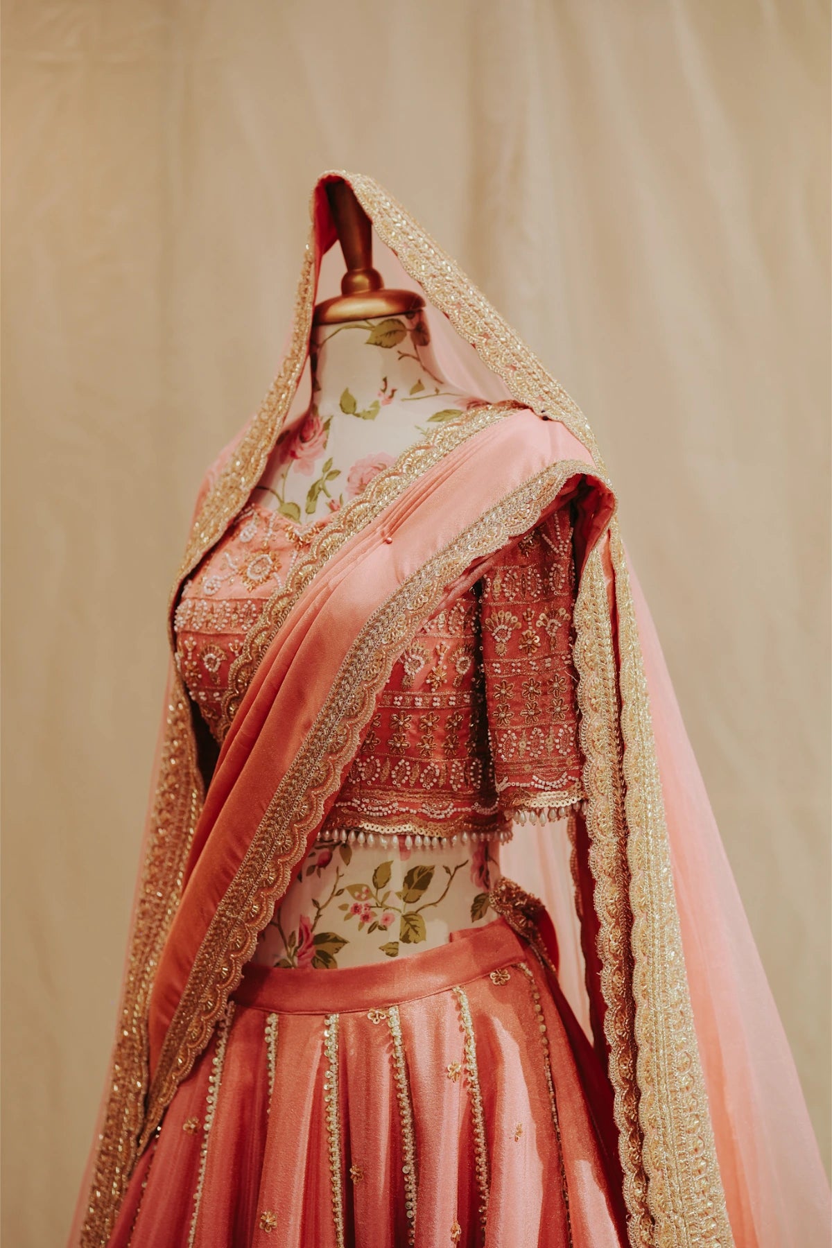 Peach Pink Tissue Silk Bridal Lehenga