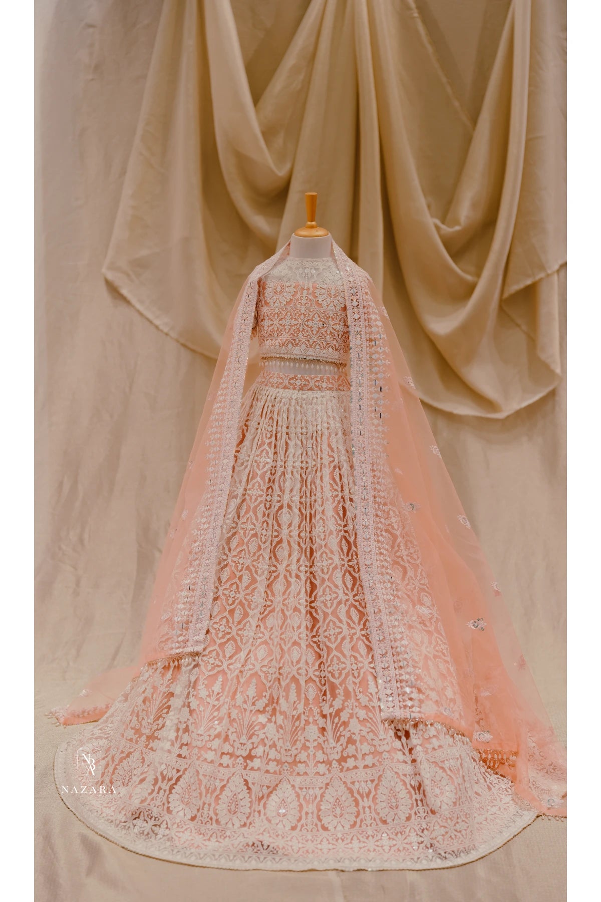 Peach Lakhnowi Lehenga For Kids