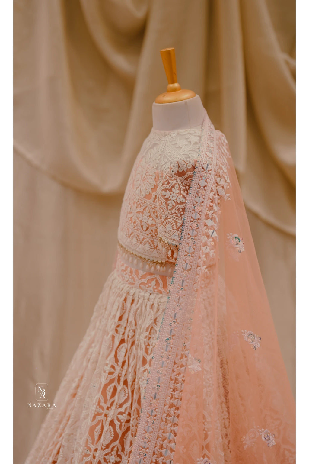 Peach Lakhnowi Lehenga For Kids
