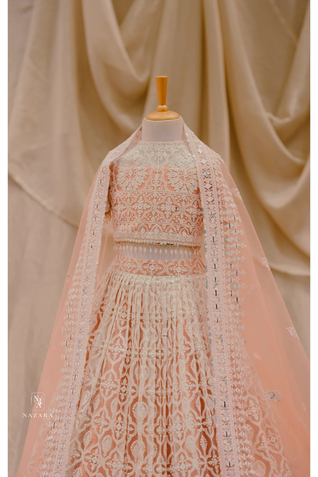 Peach Lakhnowi Lehenga For Kids