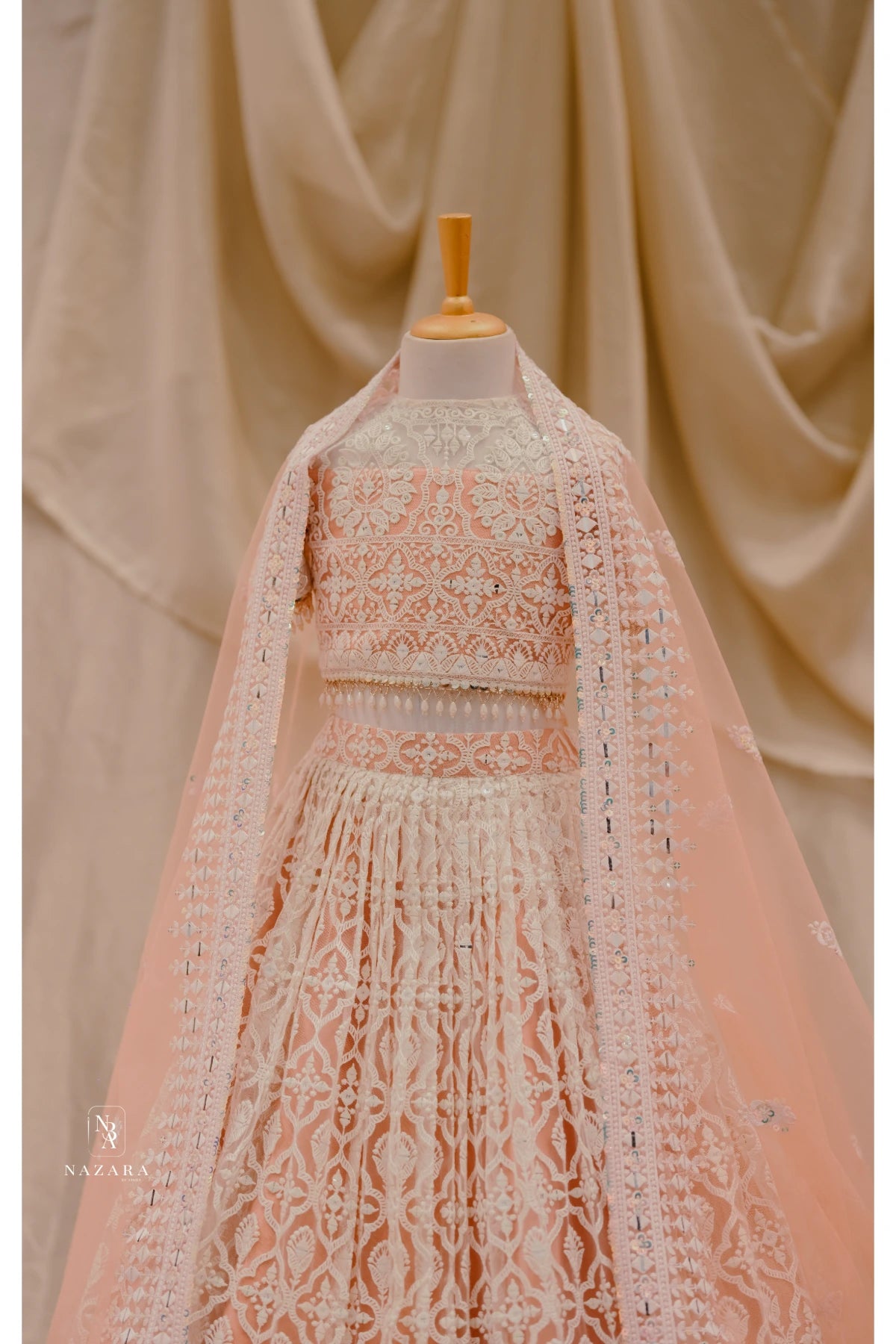 Peach Lakhnowi Lehenga For Kids
