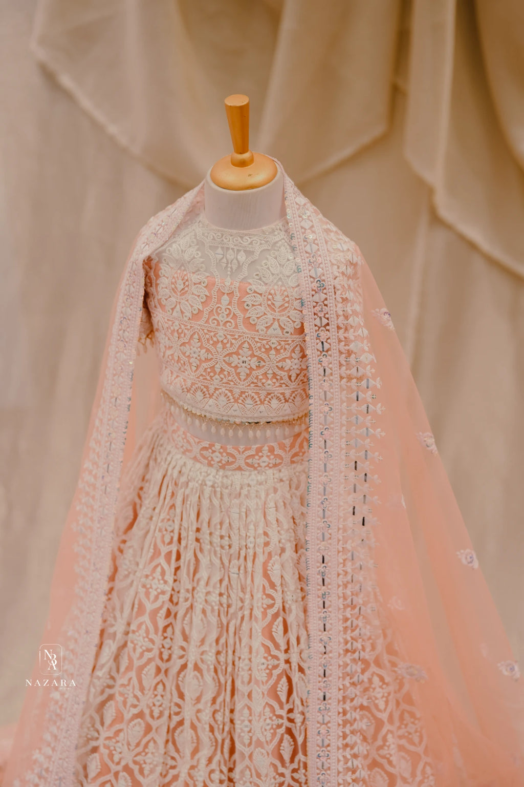 Peach Lakhnowi Lehenga For Kids