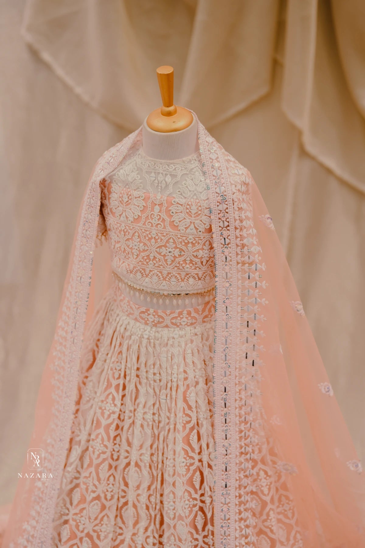 Peach Lakhnowi Lehenga For Kids