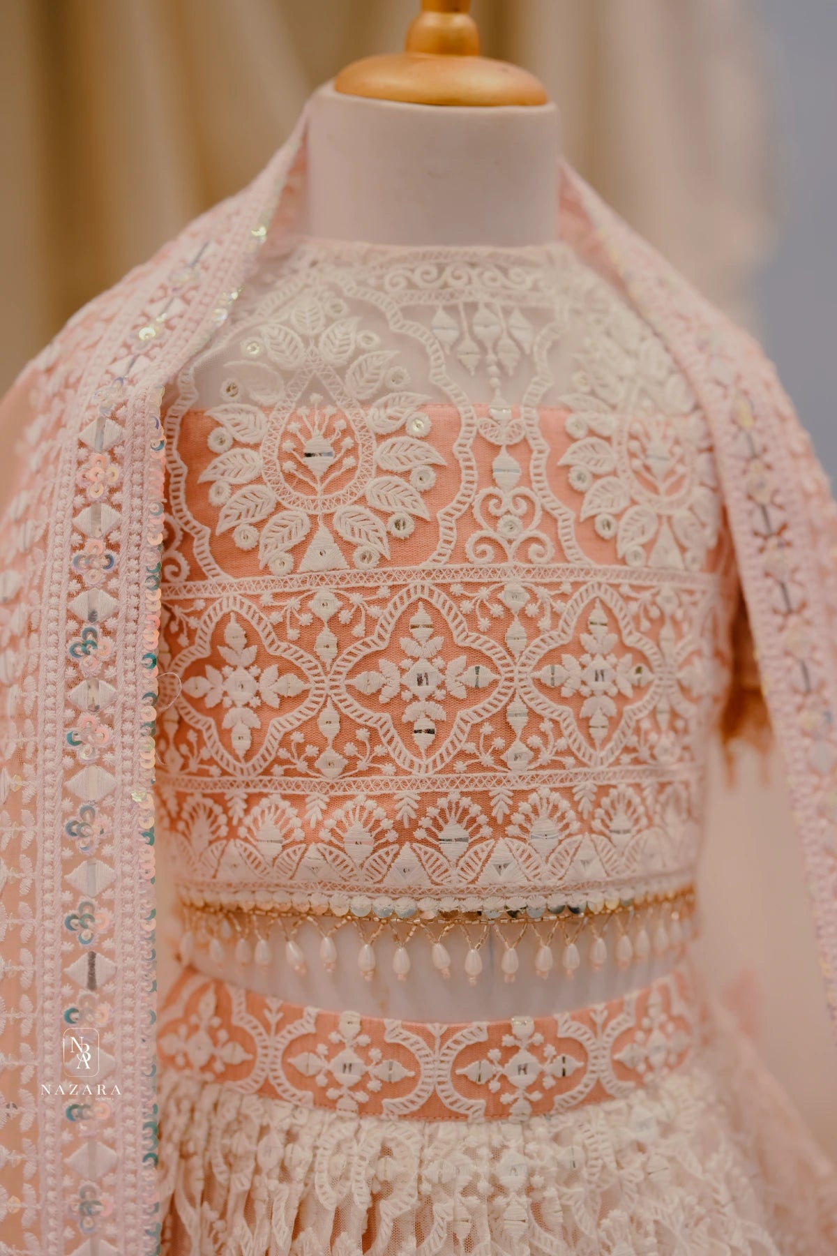 Peach Lakhnowi Lehenga For Kids
