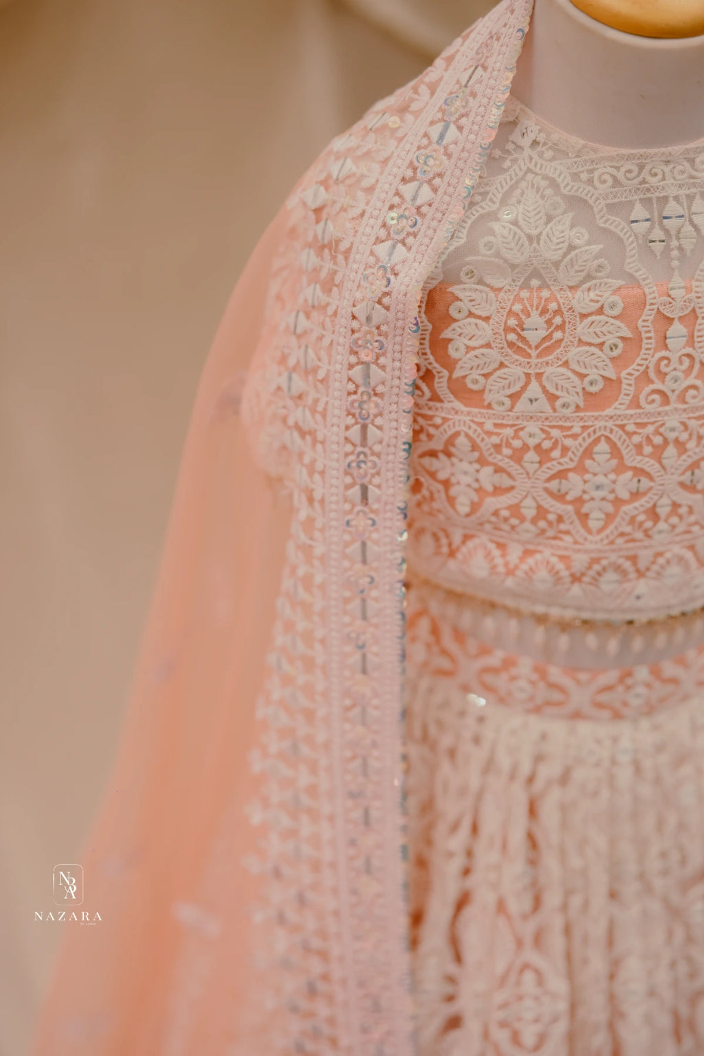 Peach Lakhnowi Lehenga For Kids