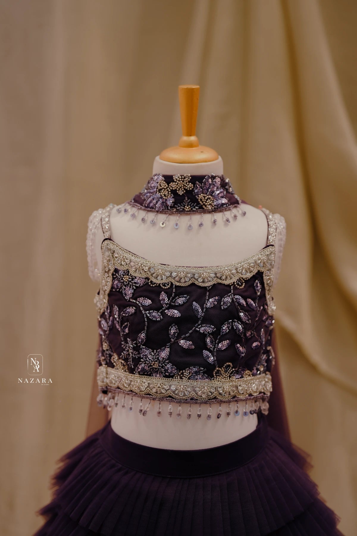Purple Netted Frill Pleated Lehenga For Kids