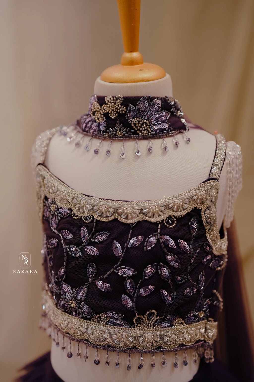 Purple Netted Frill Pleated Lehenga For Kids
