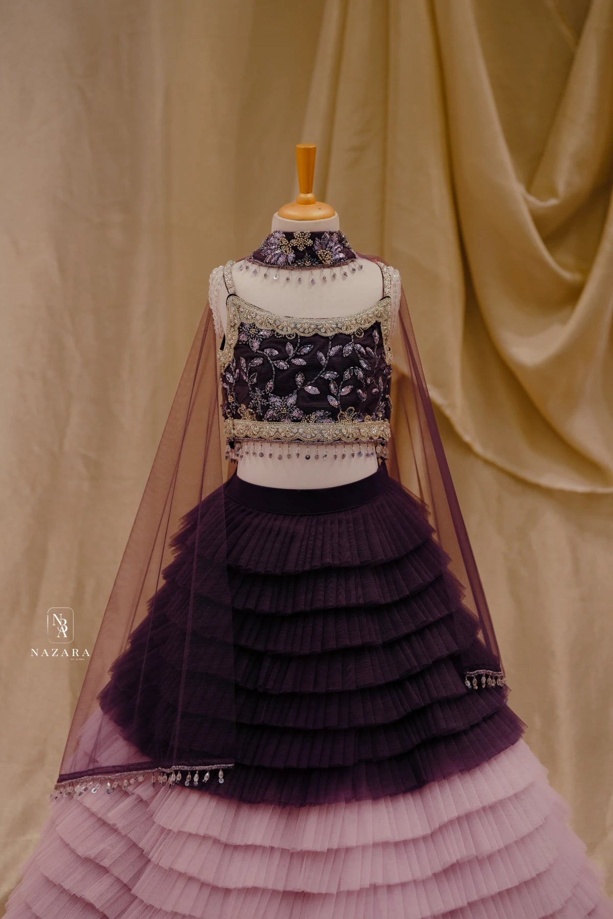 Purple Netted Frill Pleated Lehenga For Kids