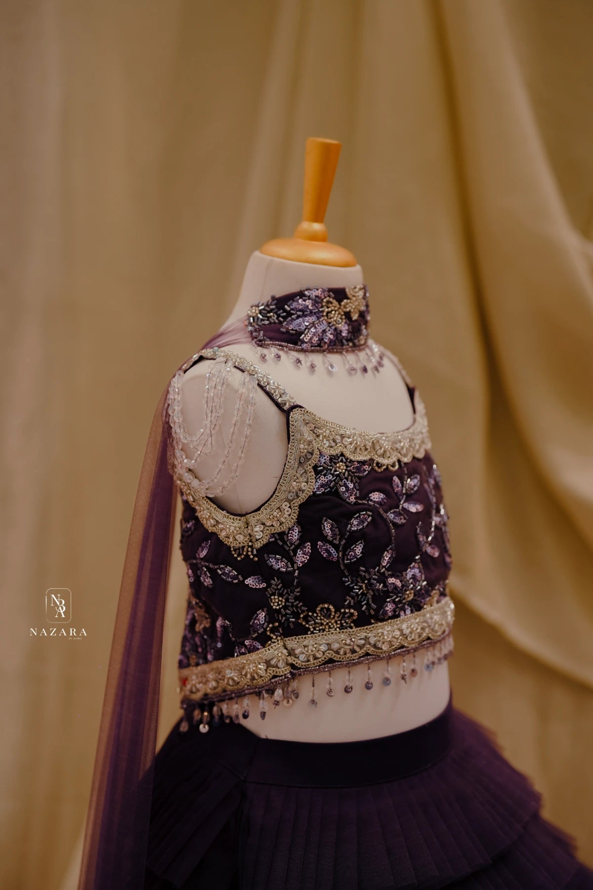 Purple Netted Frill Pleated Lehenga For Kids