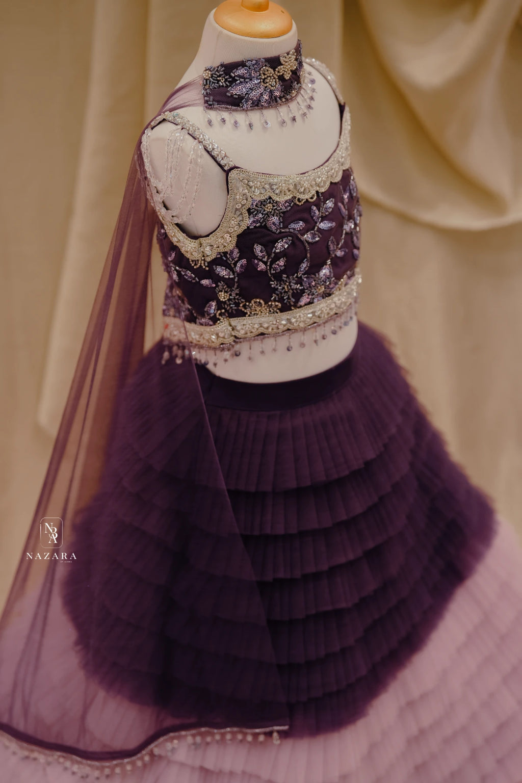 Purple Netted Frill Pleated Lehenga For Kids