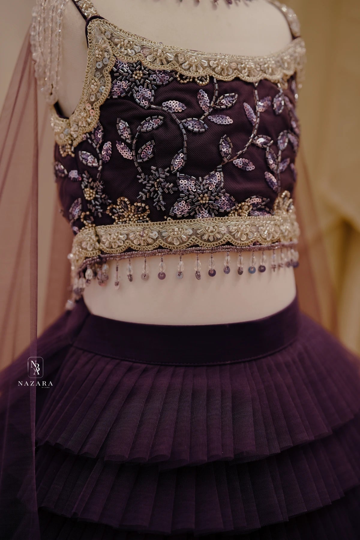 Purple Netted Frill Pleated Lehenga For Kids