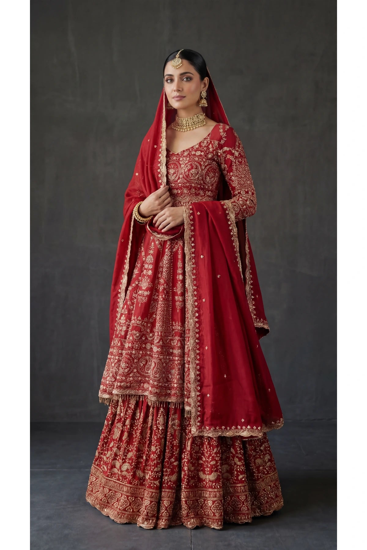 Rani Pink & Burnt Orange Bridal Anarkali Lehenga Set