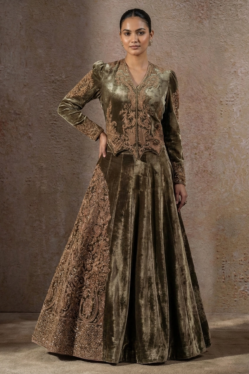 Velvet Zardozi Hand-Embroidered Lehenga Set
