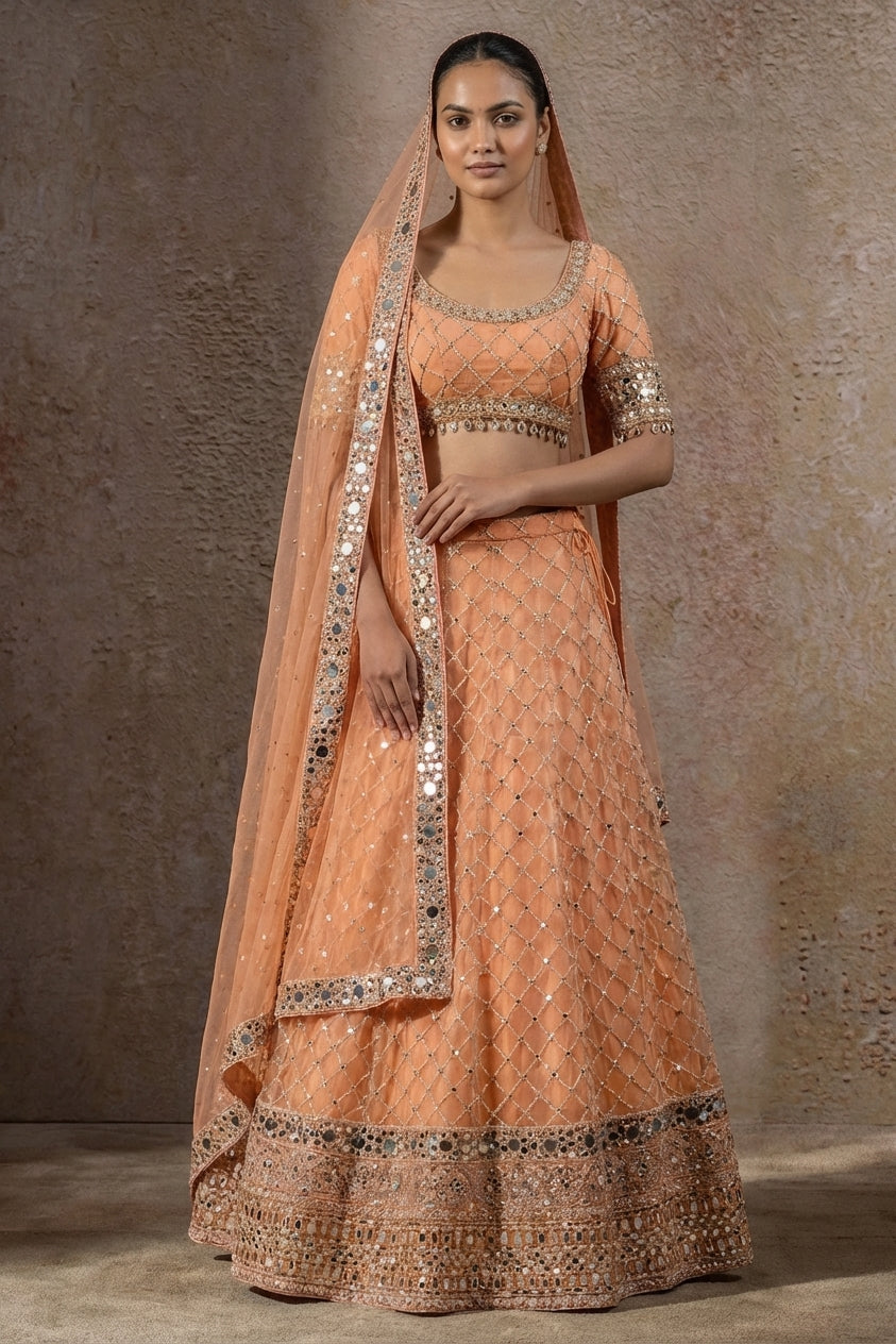 Peach Mirror Work Lehenga Set