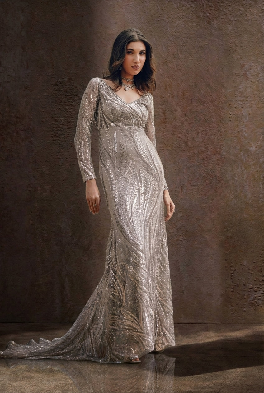 Silver Embellished Evening  cocktail Gown