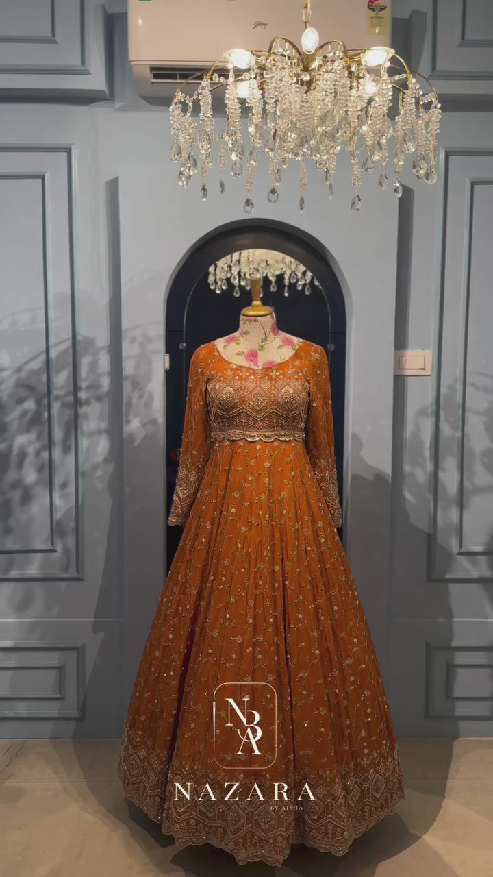 Noor-e-Mehndi – Luxury Brick Orange Embroidered Bridal Gown Set