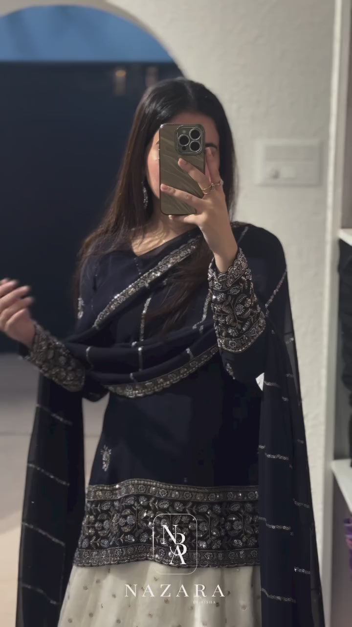 Navy Blue Embroidered Short Top with Off-White Velvet Buta Lehenga Set